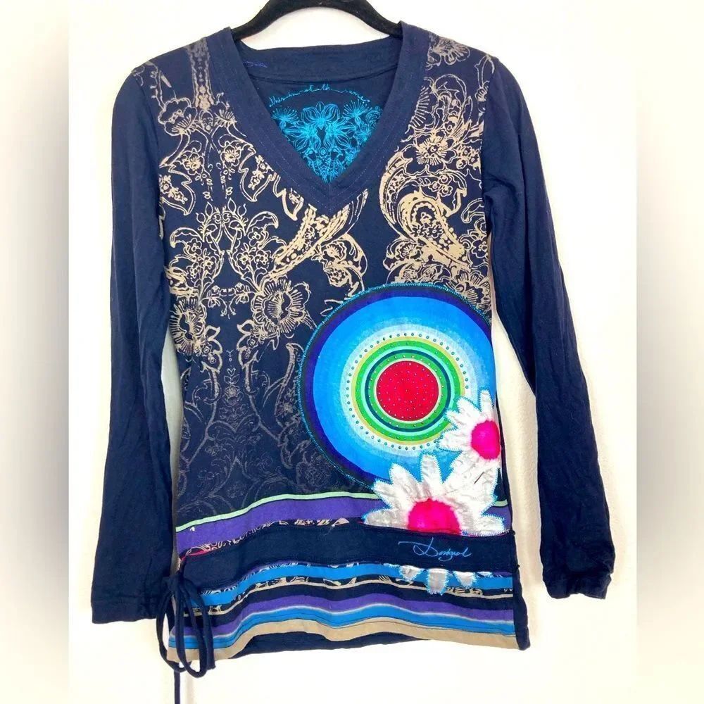 Desigual Navy and Mixed Patterned Long Sleeve Top includes velvet bling daisy